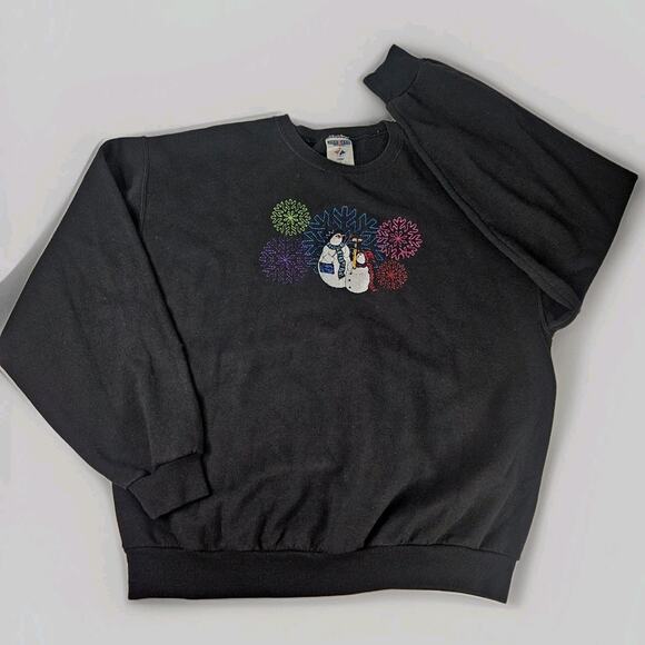 Vintage Christmas Holiday Sweatshirt Adult Large Snowman Winter Black Crewneck - Picture 1 of 6